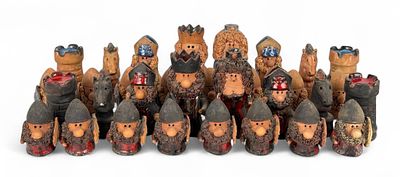 (32pc) Hand-Made Viking Pottery Chess Set. Viking or Norse-inspired figurines 
Tallest Piece: 4 