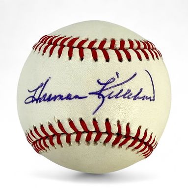Harmon Killebrew Signed Baseball With Display Case. Leather baseball with blue ink signature 