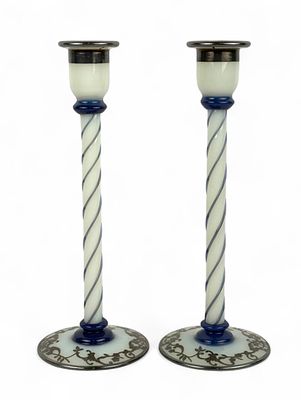 Pair Of Fry Foval Delft Blue Silver Overlay Candlesticks. Opalescent and Delft blue art glass 