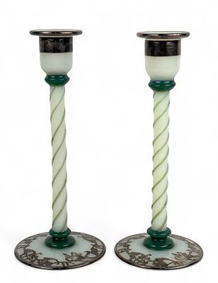 Pair Of Fry Foval Jade Green Silver Overlay 10" Candlesticks. Opalescent and Delft blue art 