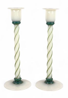 Pair Of Fry Foval Jade Twist Candlesticks (B). Unmarked 
Height: 12" 
Condition: Very good with 