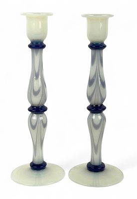 Pair Of Fry Foval Delft Blue Festoons Candlesticks. Unmarked 
Height: 12" 
Condition: Very good 