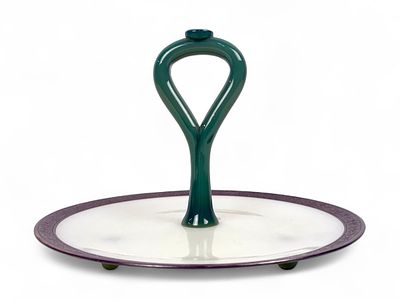 Fry Foval Opalescent Glass Silver Banded Tidbit Tray. Jade Handle 
Height: 7 1/2" 
Diameter: 10 
