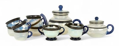 (11pc) Fry Foval Delf Blue Silver Accented Tea Set. Unmarked 
(1) Large Tea Pot 6 1/2" tall 
(1) 
