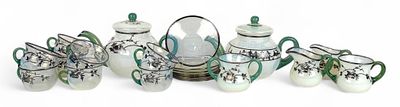 (22pc) Fry Foval Jade Green Silver Accented Tea Sets. Four teacups are marked “175.” Two 