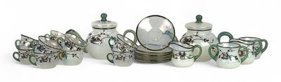 (26pc) Fry Foval Jade Green With Silver Accents Tea Sets. Cream and sugar are marked “25.” Three 
