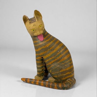 Hand-Carved Painted Folk Art Wooden Cat Figure. Attributed to Saturnino Portuonda "Pucho" Odio 
