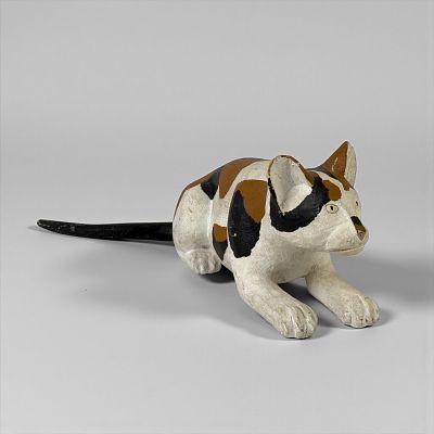 Saturnino Portuonda "Pucho" Odio Painted Cat Wood Carving. Handwritten name "Pucho Odio" written 