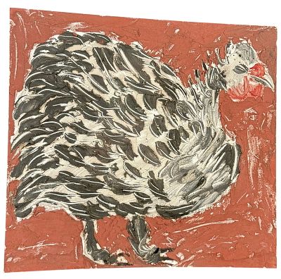 Picasso Style 'Chicken WIth Feathers' Oil On Wood. Unsigned 
Frame: 16" x 16" 
Image: 9 1/2" x 9 