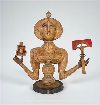 Maxine Kim Stussy Wood Figural Carving. Dimensions: 30”H x 30”W x 12”D 
Condition: Areas of 