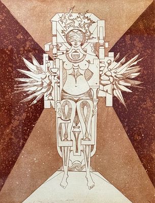 Maxine Kim Stussy "Ms. Icarus" Etching. Numbered, titled, and signed 
Edition: 3/13 
Frame: 34 