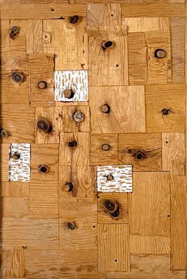 Gordon Powell “Trio?? Mixed Media Wood Relief. Signed and dated on verso. 
Frame: 23 1/2” x 18” 