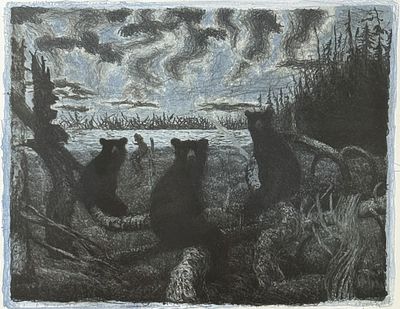 Tom Uttech "Bear Walking" Lithograph. Signed: Lower right 
Edition: 36/40 
Frame: 19" x 21" 