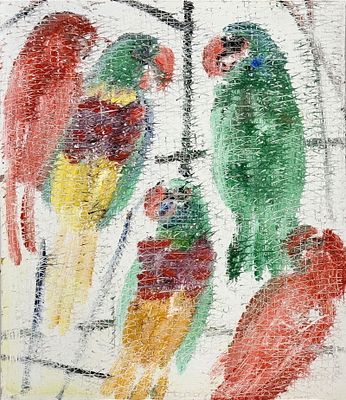 Hunt Slonem "Lories" Oil On Board. Signed, titled, and dated on the reverse; unframed. 
Date: 