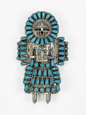 Larry Moses Begay Sterling Silver & Turquoise Kachina Cuff. Stamped on the interior of the cuff. 