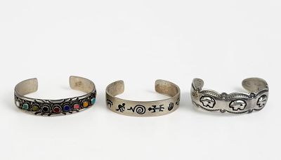 (3) Navajo Sterling Silver Cuffs. Made by various artists. 
Largest Size: 2 1/2" Interior 