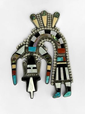 Zuni Silver & Multi-Stone Inlay Brooch. Stamped illegibly on the reverse of the clasp. 