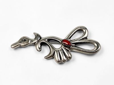 Vintage Navajo Road Runner Silver & Coral Pin. The pin is unsigned. 
Dimensions: 2 3/4" x 1 1/4" 