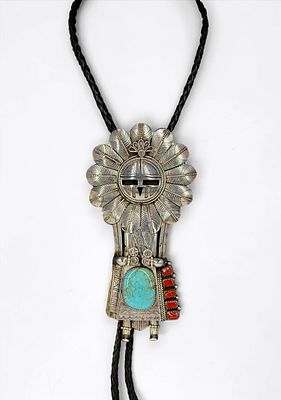 Jereme Delgarito Kachina Sterling Turquoise & Coral Bolo. Stamped by the artist on the back. 