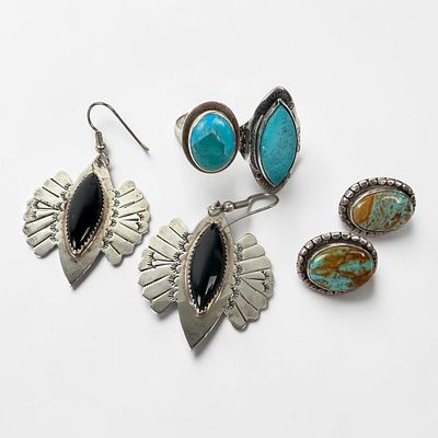 Group of Native American Sterling Jewelry. The lot includes (2) pairs of earrings and (2) rings. 