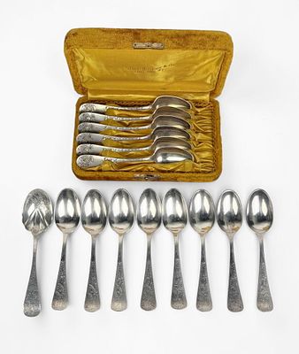 (15) Hand-Engraved Sterling Spoons. The lot includes (2) matching sets and (1) unique spoon. 