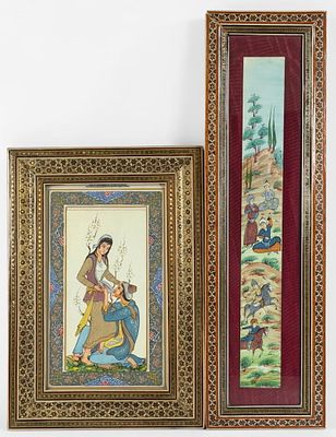 (2) Persian Paintings on Bone. The paintings are painted on camel bone and in a traditional 