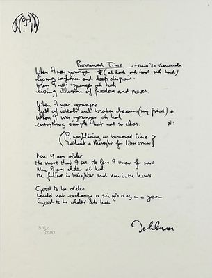 John Lennon "Borrowed Time" Lyrics Print. Signed in the lower right and numbered lower left. 