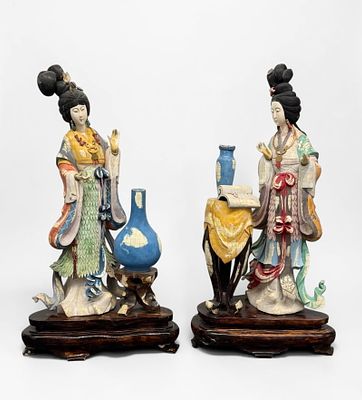 Pair of Chinese Painted Bone Figures. No signature or markings visible. 
Dimensions: 41 1/2" 