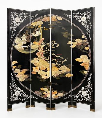 Chinese Lacquer & Inlaid Goddess Motif Screen. Flower motif on the reverse, with an inlaid 