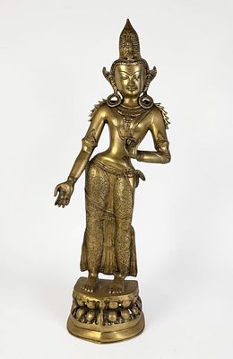 Brass "Standing Tara" Tibetan Buddhist Goddess Statue. Dimensions: 30" x 11" x 6" 
Condition: 