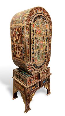 Small Egyptian Themed Inlaid & Painted Cabinet. The base and cabinet are not connected. 