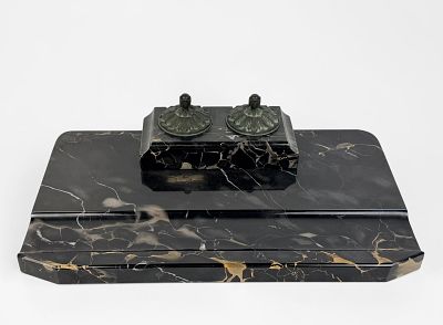Antique Art Deco Marble Double Inkwell & Desk Set. Dimensions: 16" x 9 1/4" x 4" 
Condition: The 
