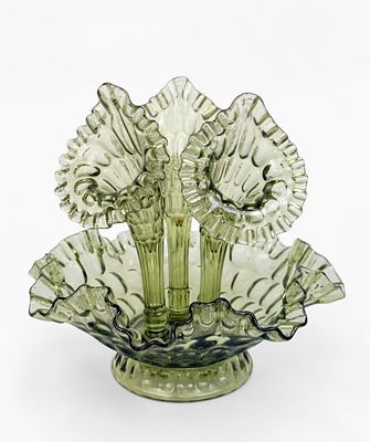 Fenton Colonial Green Thumbprint 3-Horn Epergne. This item was produced between 1964 and 1968. 