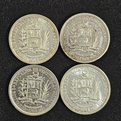 Lote com 4 moedas de bolivar em prata de 1965