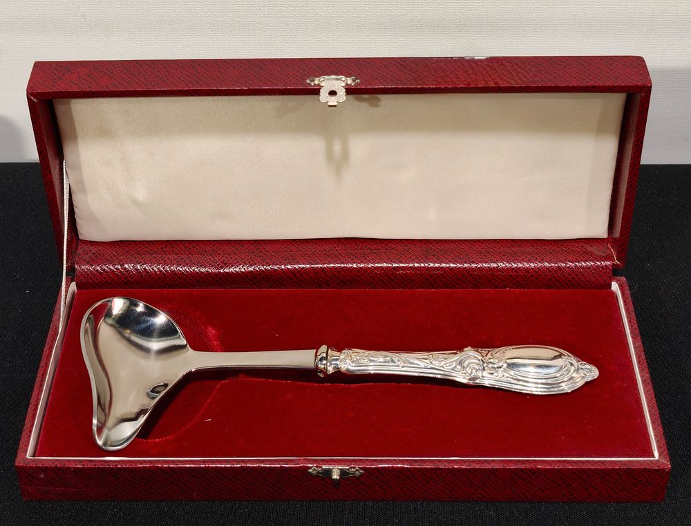 Estojo com colher de molhos com cabo em prata