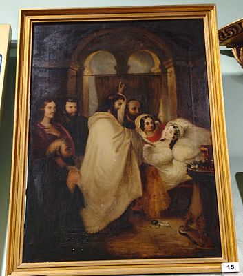 Pintura a &oacute;leo sobre tela com cena da ressurei&ccedil;&atilde;o da filha de Jairo, com 88x66cm