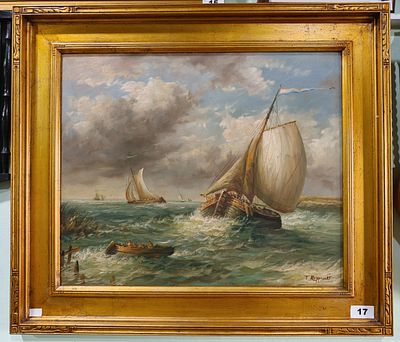 Pintura a &oacute;leo sobre tela com marinha assinada, com 68x78cm