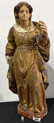 Estatueta antiga em madeira s&eacute;culo XVIII policromada com dourados, possivelmente Santa Catarina 