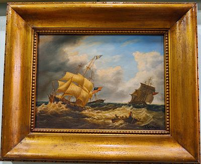 Quadro com pintura a &oacute;leo sobre madeira com marinha, assinado, com 47x57cm