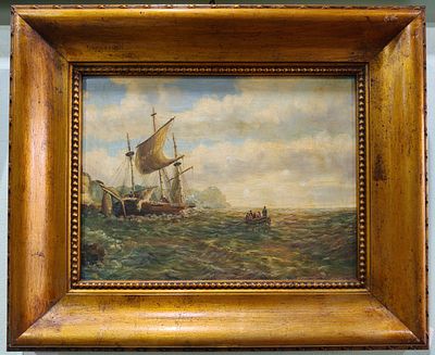 Quadro com pintura a &oacute;leo sobre tela com marinha, assinado, com 47x57cm