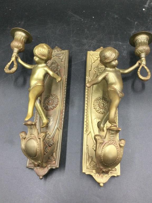 Lot 4: Vtg Pair GATCO Solid Brass Cherub Sconces