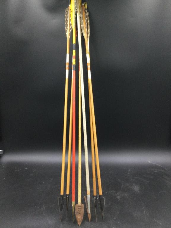 Lot 163: Vintage Wood Arrows & Broadheads