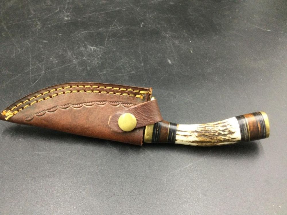 Lot 148: Stag Handle Damascus Steel Knife w/Sheath