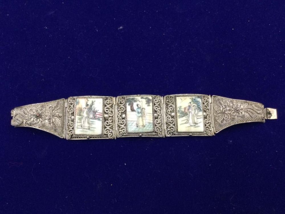 Lot 286: Vintage Sterling Bracelet with Painted Panels