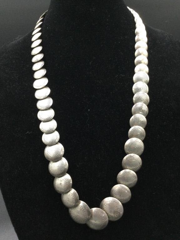 Lot 32: Navajo Graduated Flat Bead Sterling Necklace