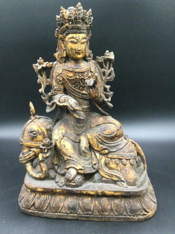Lot 95: Antique Carved Wood Buddhist Statue