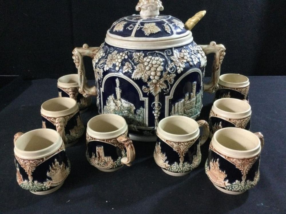 Lot 121: Antique Stoneware German Tureen Punch Bowl w/Cups