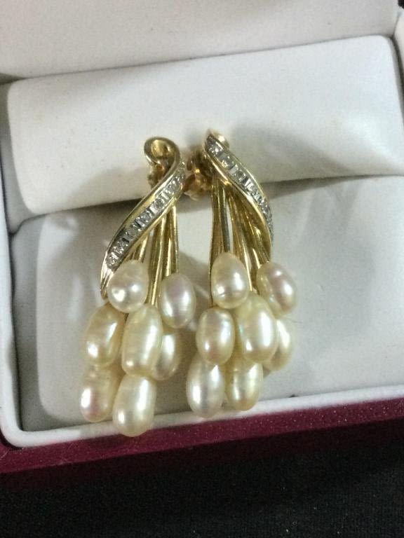 Lot 141: 14kt Pearl & Diamond Earrings