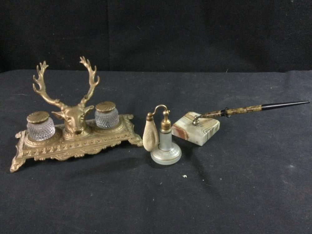 Lot 21: Vintage Brass Inkwell & More
