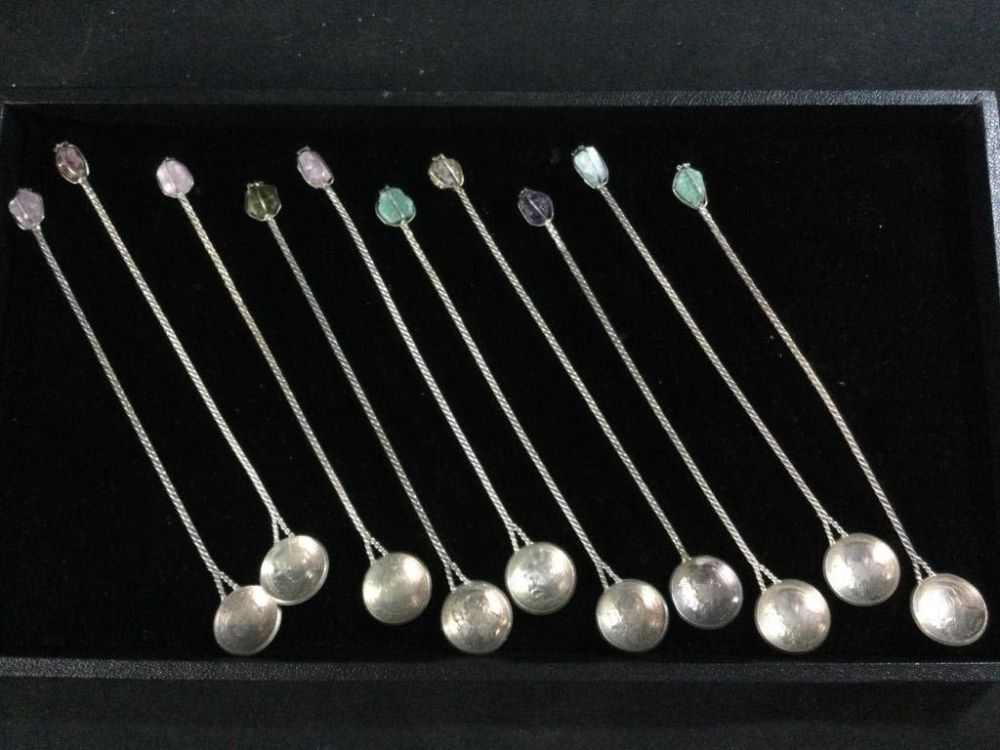 Lot 47: Antique Brazil Silver Coin Spoons w/Gemstone